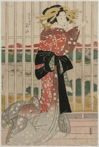 在阳台上俯瞰隅田川的周家花魁梅赞 作者 菊川荣山