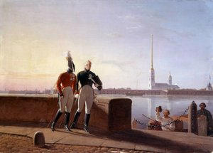 俄罗斯沙皇亚历山大一世（1777-1825 年）和他的弟弟君士坦丁在涅瓦河畔 基尔的绘画（19 世纪） 圣彼得堡冬宫博物馆 作者 基尔