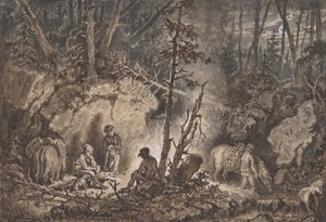 晚上在森林中休息的猎人，1830-60。 作者 基利安·克里斯托弗的习俗