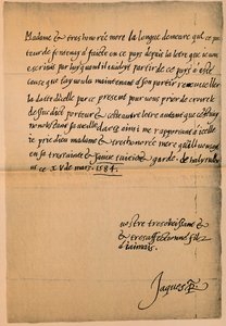 詹姆斯六世国王（1566-1625）给他的母亲玛丽皇后（1542-1587，1584-5）的信 作者 詹姆斯一世国王