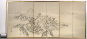 享受水边（纸上水墨和彩色，六扇屏风）