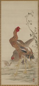 江户时代的鸡，母鸡和小鸡（丝绸上的墨水和颜色）