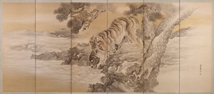 描绘饮水虎的六折屏风，1749-1838年