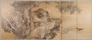 描绘咆哮的老虎的六折屏风，1749-1838年