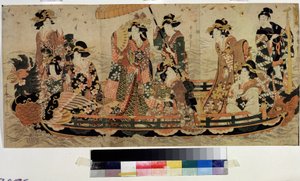 赏樱（花见）。北川宇多麿二世(?-1831 年)的版画。彩色蚀刻版画，37 x 76 厘米。东方艺术。莫斯科普希金博物馆