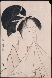 Naniwaya冲田的半身人像在她的牙齿中握着一条毛巾并伸展布 作者 北川宇多郎