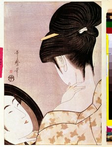 A woman powering her neck with shade Japanese print by Utamaro Kitagawa (1753-1806) - Sun 0,37x0,22 m - 1795-1796 - Paris, Musee Guimet, Musee national des Arts Asians 作者 北川宇多郎