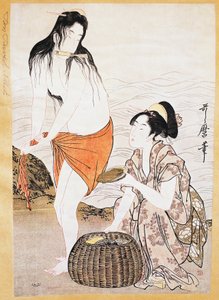 水中的阿瓦比（软体动物）渔民，北川宇太郎（1753-1806）的浮世绘艺术版画，木刻，日本文明，江户时代 作者 北川宇多郎