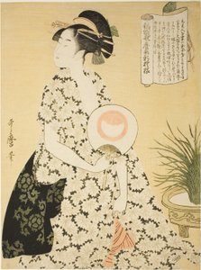 穿夏日和服的美人》，选自 "宇多麻吕式织锦新图案 "系列（"Nishiki-ori Utamaro-gata-shinmoyo") 作者 Kitagawa Utamaro