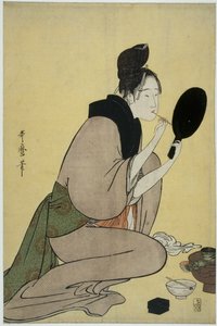 美人化妆到她的嘴唇的女孩 作者 Kitagawa Utamaro