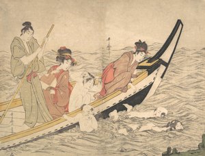 有儿童游泳的划船派对，18世纪末。 作者 北川宇多郎