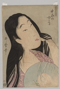 头发蓬松的妇女手持扇子的半身像，1753-1806。 作者 北川宇多郎