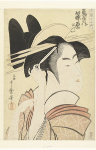 鹤屋家的歌妓筱原半身像。
鹤屋内筱原（物品上的标题）
乐府七小町（系列名称）
七郎名小町（文物上的系列名称） 作者 北川宇多郎