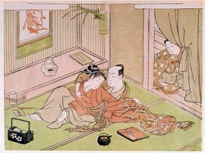 情侣在北川歌郎（1753-1806）的日本女仆版画的注视下爱抚。 18世纪。 巴黎，吉美博物馆，亚洲艺术国家博物馆 作者 北川宇多郎