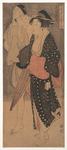 夫妇在晚上洗个澡，c。 1800 作者 北川宇多郎