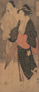 晚间淋浴中的夫妇......，约1800年。 作者 北川宇多郎