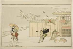 雪中送年礼，选自绘本京剧选集《少年惠比寿（和歌惠比寿）》。 作者 北川宇多郎
