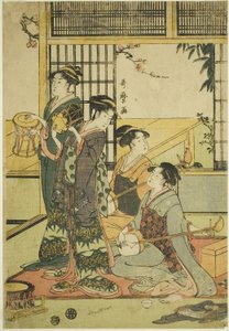 鼓和三味线（彩色木版画；aiban） 作者 北川宇多郎