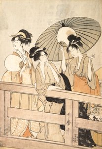 在桥上和桥下享受清凉的晚风，约1800年。 作者 北川宇多郎
