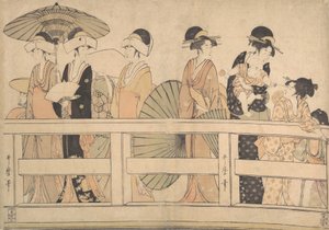 在......桥上享受清凉的晚风，约1800年。 作者 北川宇多郎