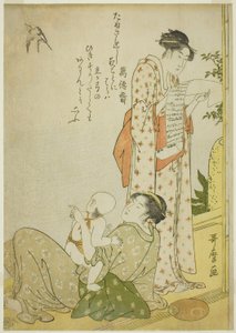 阳台上的晚凉（Ensaki no yusuzumi）：以 "爱班 "形式呈现的带有京诗的流派场景（Kyoka-iri aiban fuzoku zu） 作者 北川宇多郎