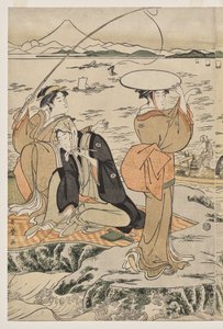 在江之岛的砧板岩钓鱼 作者 北川宇多郎