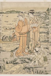 在江之岛的砧板岩钓鱼 作者 北川宇多郎