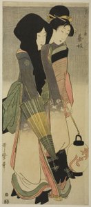 艺伎 (Geigi)，来自《当代美女的三种娱乐》系列，c.1800（彩色木版画；naga-oban） 作者 北川宇多郎
