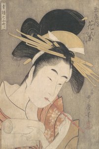 "Hanamurasaki of the Tamaya"，选自《欢乐街区的七个小町》系列...，约1790年。 作者 Kitagawa Utamaro