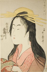 吉原七小町"（"Seiro nana Komachi"）系列中的松屋纪世川，[其随从是]笹野、竹野（松屋内纪世川、笹野、竹野）。 作者 北川宇多郎