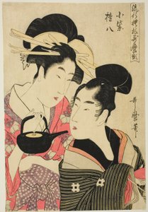 小村崎和权八，选自 "宇田麿风格的时尚图案（Ryuko moyo Utamaro-gata）"系列，约 1798-99 年（彩色木刻版画；荞麦面） 作者 北川宇多郎