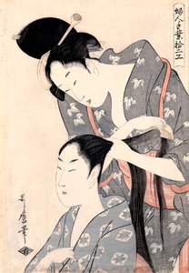 "La Coiffeuse"（理发师）（Kamiyui） Kitagawa Utamaro（1753-1806）的雕刻 - 约 1798 - 彩色木刻 - 38x27.6 - 南澳大利亚艺术馆 作者 北川宇多郎