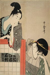 屏风边的女士和先生，1797年。   作者 北川宇多郎