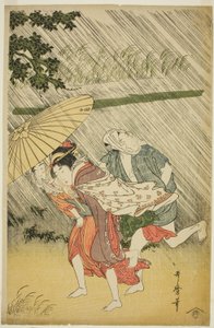 伞下的恋人，c.1797（彩色木版画；oban） 作者 北川宇多郎