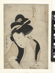 母亲抱着孩子
美女与名胜十二景（系列名称）
名所寓言"（实物上的系列标题） 作者 北川宇多郎