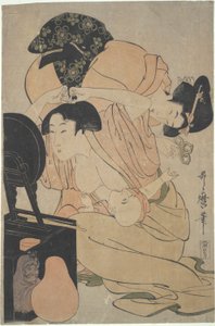 母亲带着哺乳的婴儿和服务员 作者 北川宇多郎
