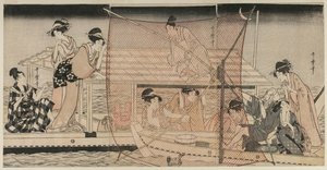 晚上在S田川捕鱼网c。 1800。 作者 北川宇多郎