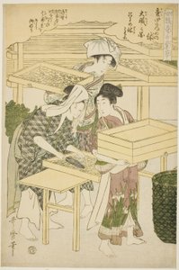 第 4 期（shi），选自 "从事蚕桑业的妇女（Joshoku kaiko tewaza-gusa）"系列 作者 北川宇多郎