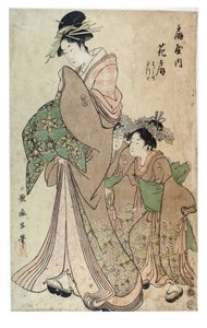 花魁与两个神室，江户时代，约 1790 年（纸面木版画） 作者 北川宇多郎