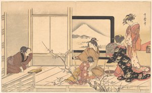 为莺鸟准备食物......，1798年。 作者 北川宇多郎