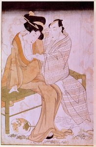 表现一对日本夫妇在长椅上互相抚摸的情景。北川宇太郎（1753-1806）的版画。Dim.0,38x0,245米。巴黎，吉美博物馆，国立亚洲艺术博物馆