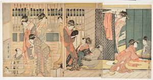 日本 "宽容之家"（karitaku）的晨景 - 北川宇多麿（1753-1806 年）的版画 作者 北川宇多郎