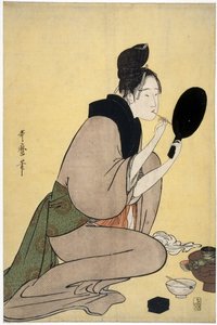 关于美：女人化妆她的嘴唇 - Bijin-ga。 女孩在唇上化妆，北川歌摩 (1753-1806)，-彩色木刻，37,7x25,2-私人收藏 作者 Kitagawa Utamaro