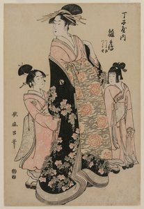 Chojiya的妓女Hinazuru和她的服务员Tsuruji和Tsuruno，c。 1794年。 作者 北川宇多郎