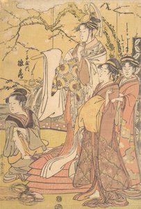 周家的花魁日鹤站在一堆被褥上，约1794年。 作者 北川宇多郎