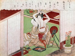 The toilet of the elegante Japanese print by Utamaro Kitagawa (1753-1806). Sun. 0,38x0,25 m. 1794-1795. Paris, Guimet Museum, National Museum of Asian Arts 作者 北川宇多郎