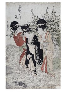 江户时代，约 1790-1804 年，河中的三个毕人（纸面木版画） 作者 北川宇多郎