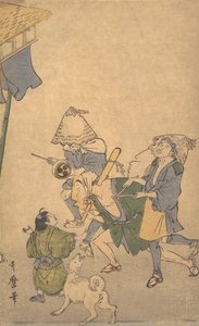三个下层阶级的狂欢者，戴着Komuso的帽子......，18世纪末至19世纪初。 作者 北川宇多郎
