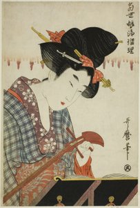 转动三味线（三味线之音），选自 "当代年轻女性的三味线吟诵（Tosei musume joruri）"系列 作者 北川宇多郎