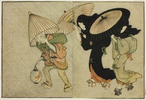 暴风雨中的两个女人和随从》，选自绘本《图画书：四季之花（Ehon shiki no hana）"，第 2 卷 作者 北川宇多郎